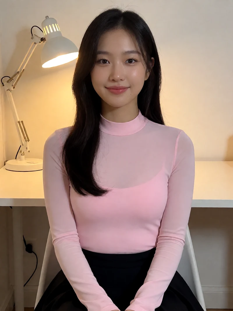 虚构成年女主播穿浅粉色不透明上衣面对镜头坐在暖光直播间