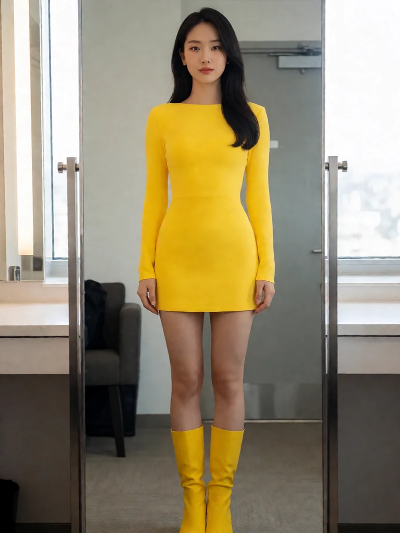 虚构成年女主播穿黄色不透明舞台连衣裙站在更衣区镜前展示造型